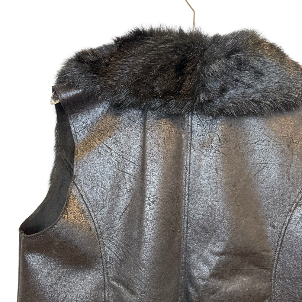 Express Black Faux Fur Oversized Collar Long Line Crackle Sueded Vest Sz L - Picture 13 of 15
